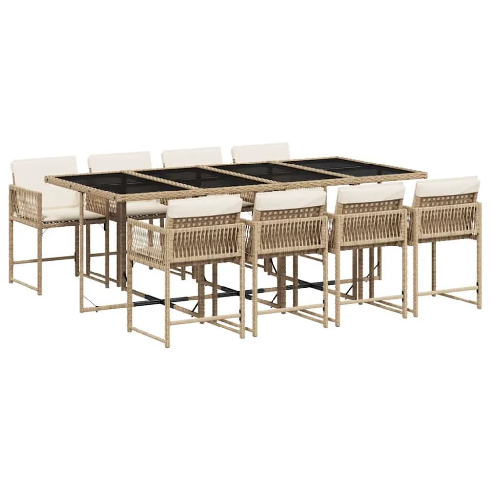 9 pcs conjunto de jantar para jardim com almofadões vime PE bege com Apoio para Bebidas