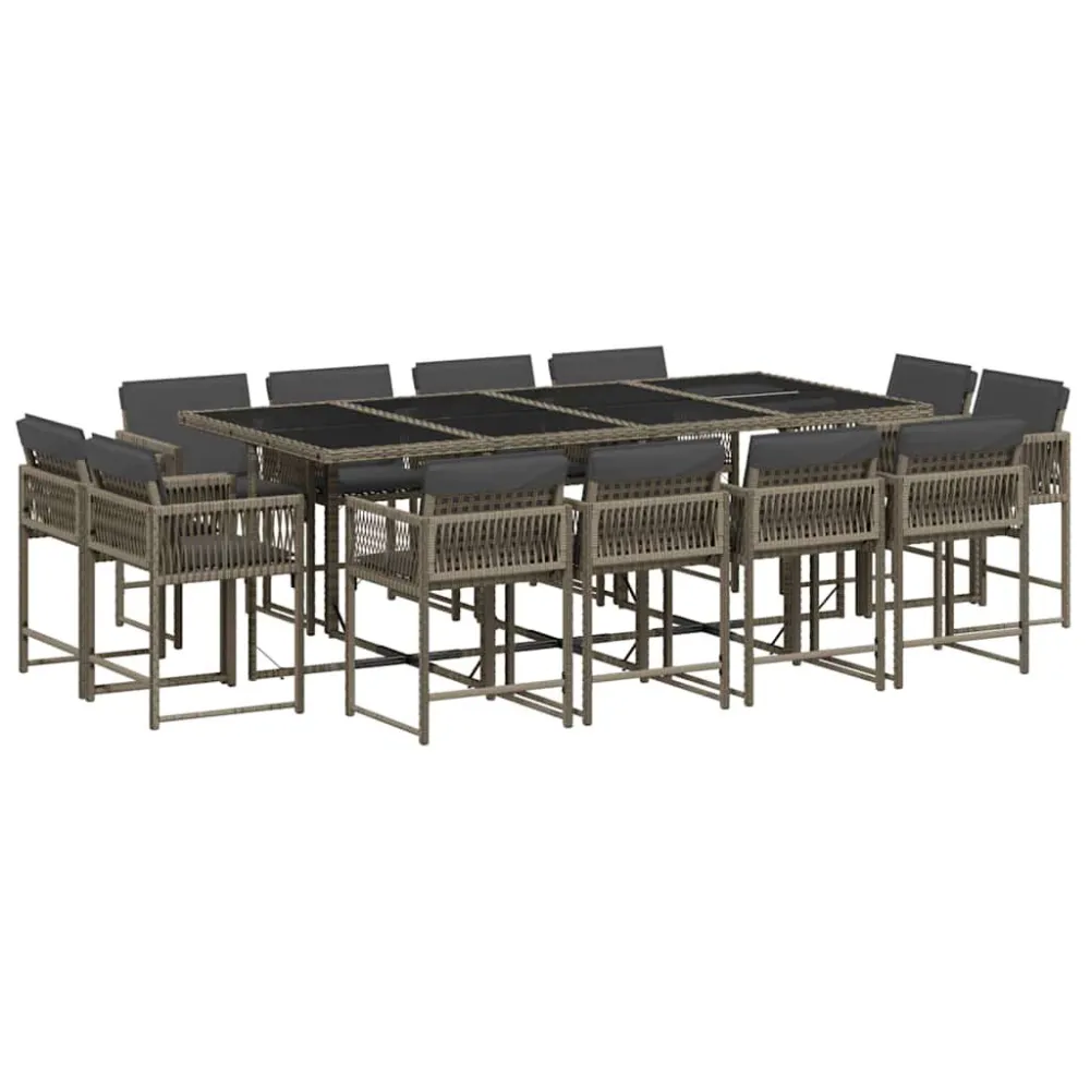 13 pcs conjunto jantar para jardim com almofadões vime PE cinzento Fácil de Guardar