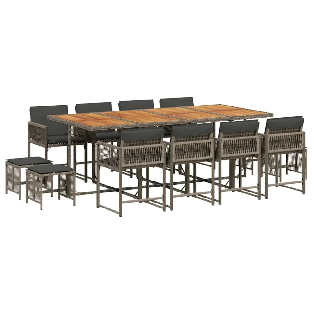 13 pcs conjunto jantar para jardim com almofadões vime PE cinzento | Montagem Fácil e Rápida