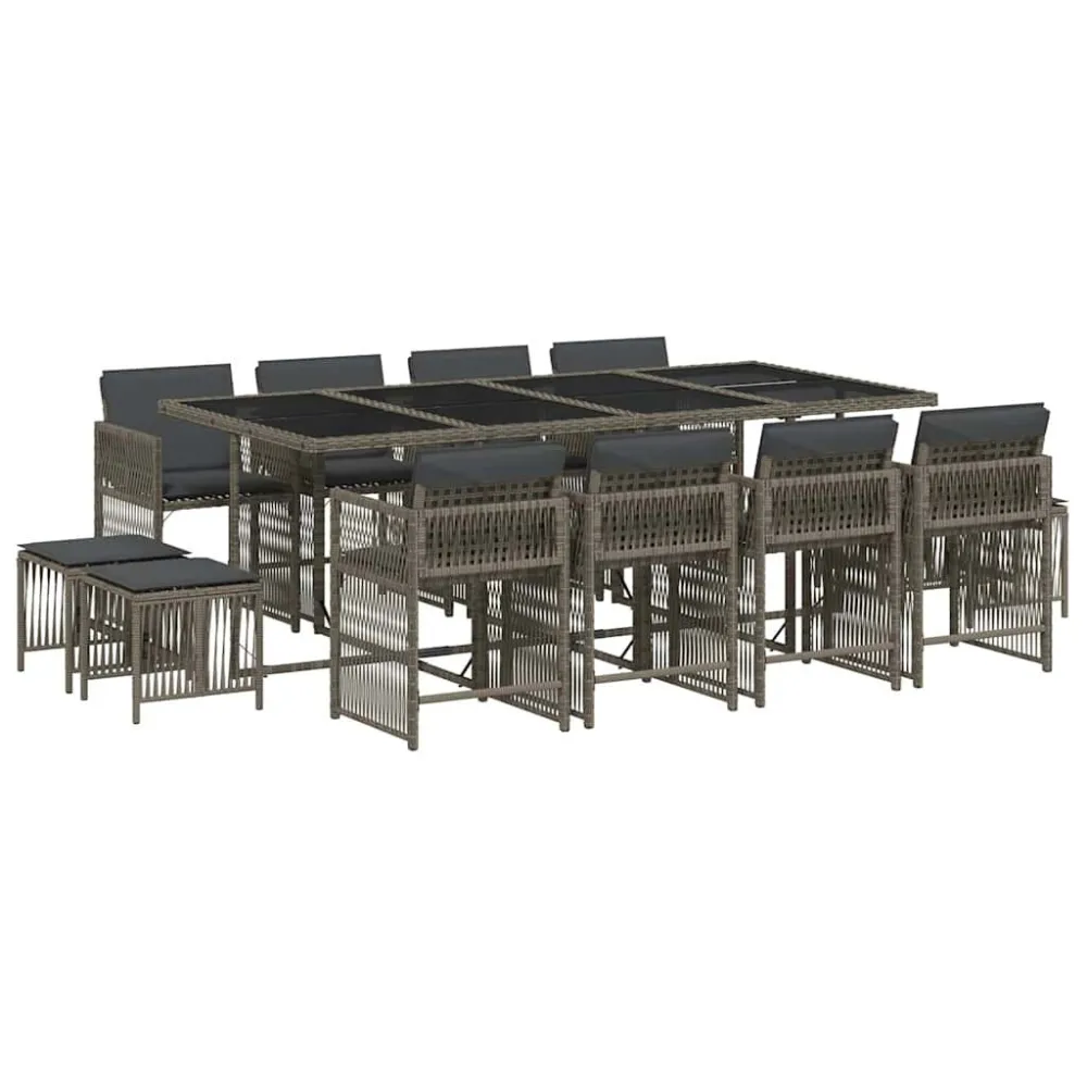13 pcs conjunto jantar para jardim com almofadões vime PE cinzento Fácil de Guardar
