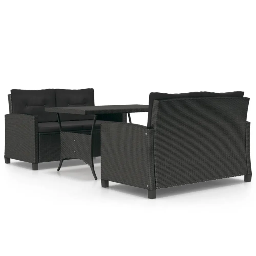 3 pcs conjunto de jantar para jardim com almofadões vime PE preto em Ferro Forjado