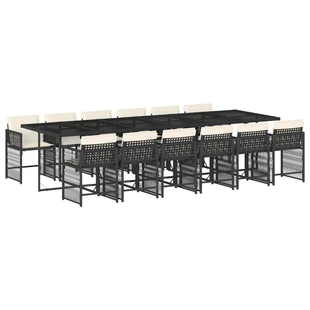 13 pcs conjunto de jantar parajardim com almofadões vime PE preto com Encosto Ajustável