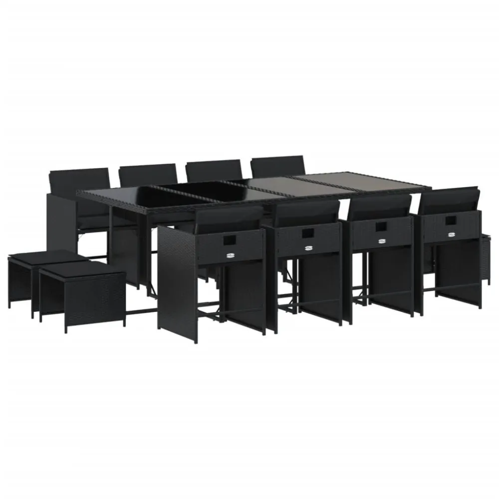 13 pcs conjunto de jantar parajardim com almofadões vime PE preto Fácil de Guardar