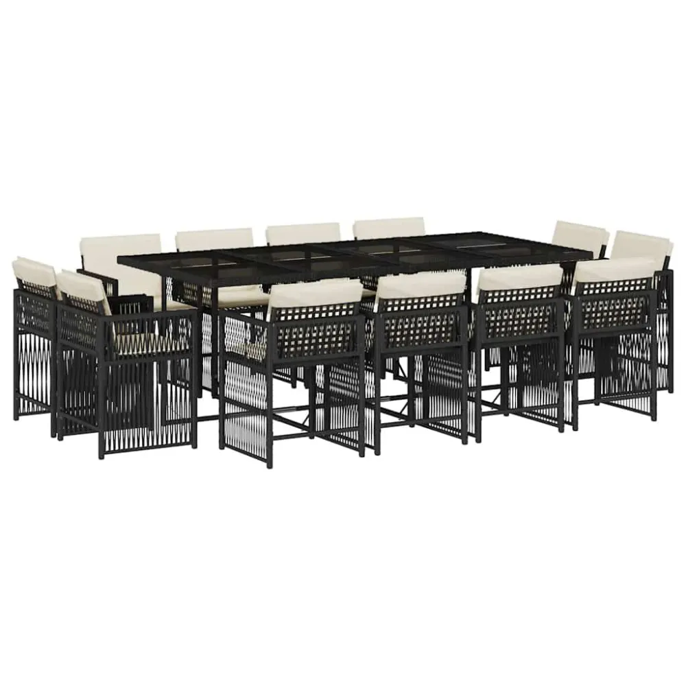 13 pcs conjunto de jantar parajardim com almofadões vime PE preto para Relaxamento ao Ar Livre
