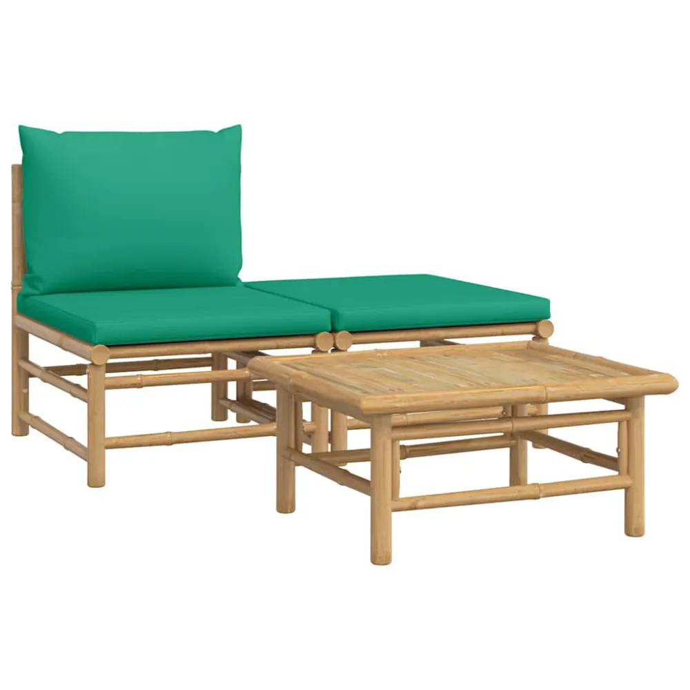 3 pcs conjunto lounge de jardim bambu com almofadões verdes com Estrutura em Alumínio