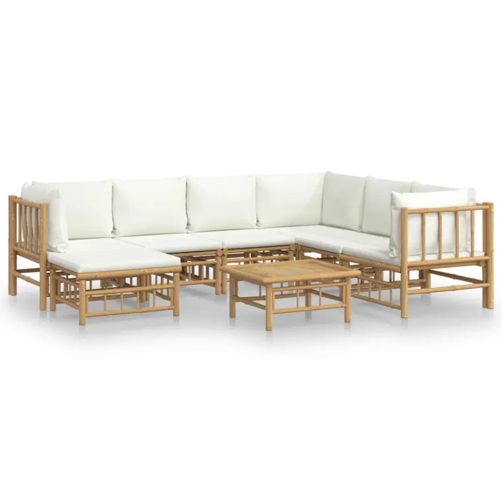8 pcs conjunto lounge de jardim bambu com almofadões branco nata com Apoio para Bebidas