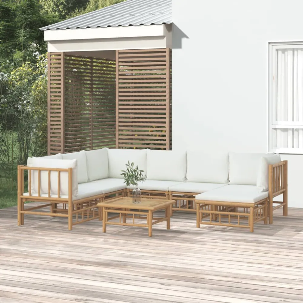 8 pcs conjunto lounge de jardim bambu com almofadões branco nata com Apoio para Bebidas