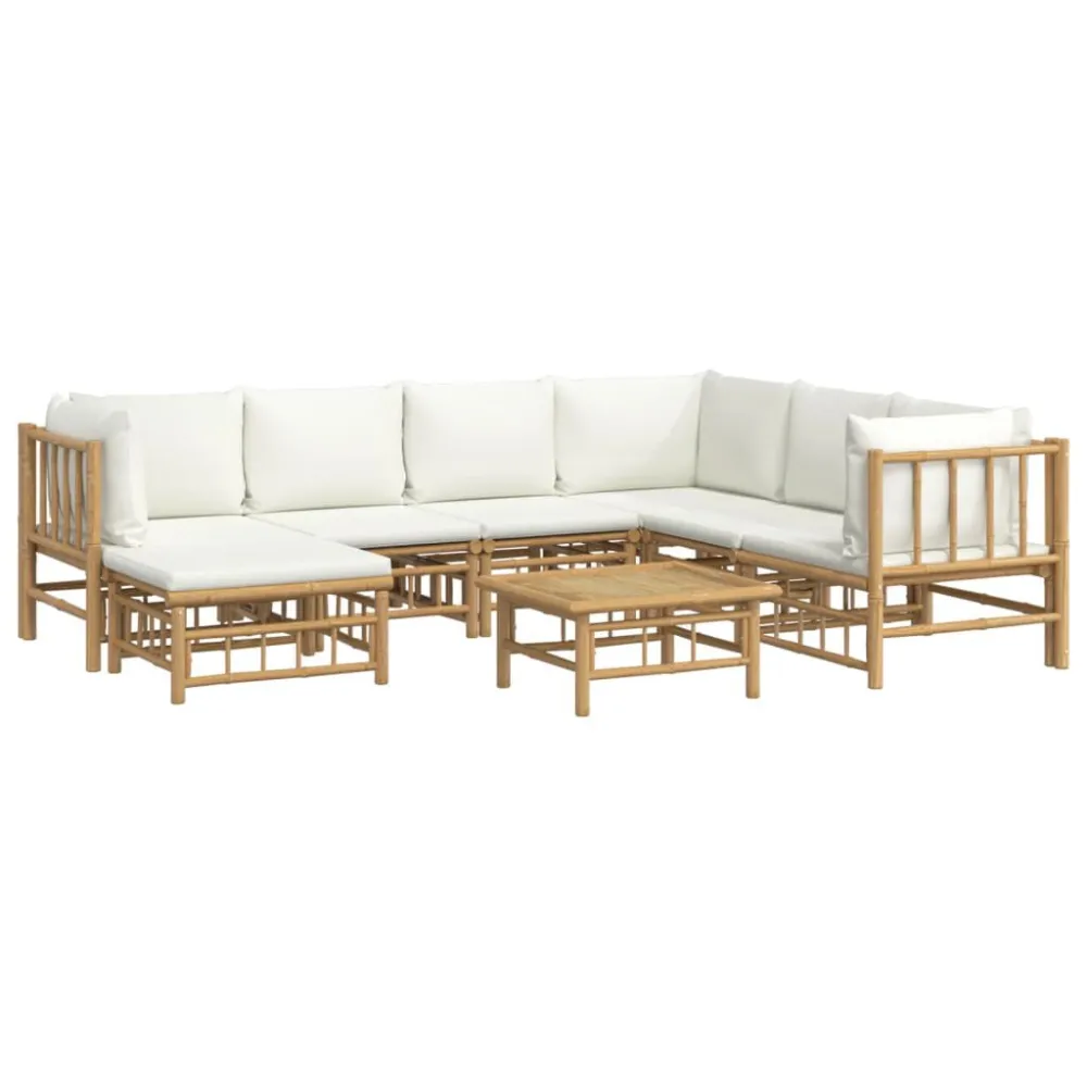 8 pcs conjunto lounge de jardim bambu com almofadões branco nata com Apoio para Bebidas