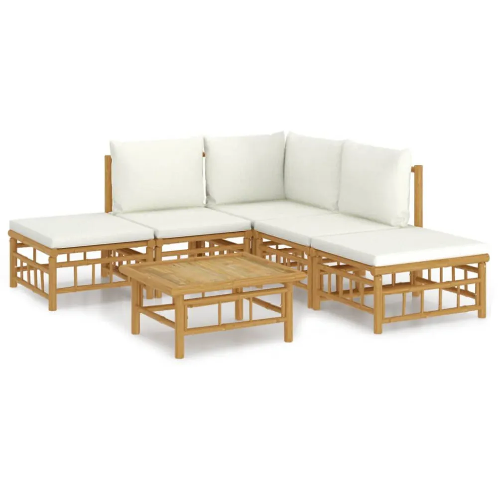 6 pcs conjunto lounge de jardim bambu com almofadões branco nata com Apoio para Bebidas