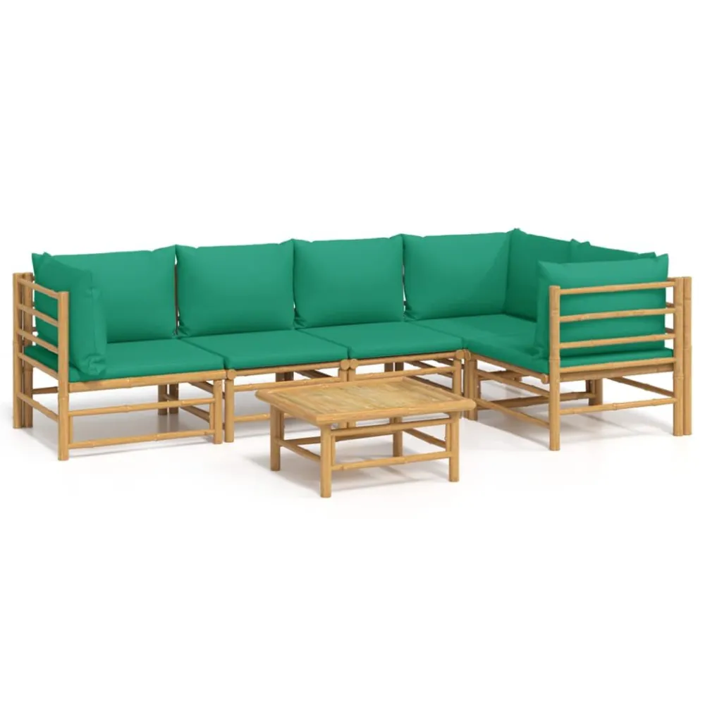 6 pcs conjunto lounge de jardim bambu com almofadões verdes | Montagem Fácil e Rápida