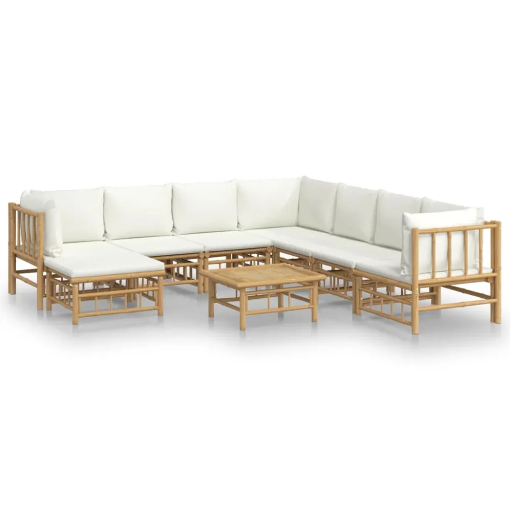 9 pcs conjunto lounge de jardim bambu com almofadões branco nata | Montagem Fácil e Rápida