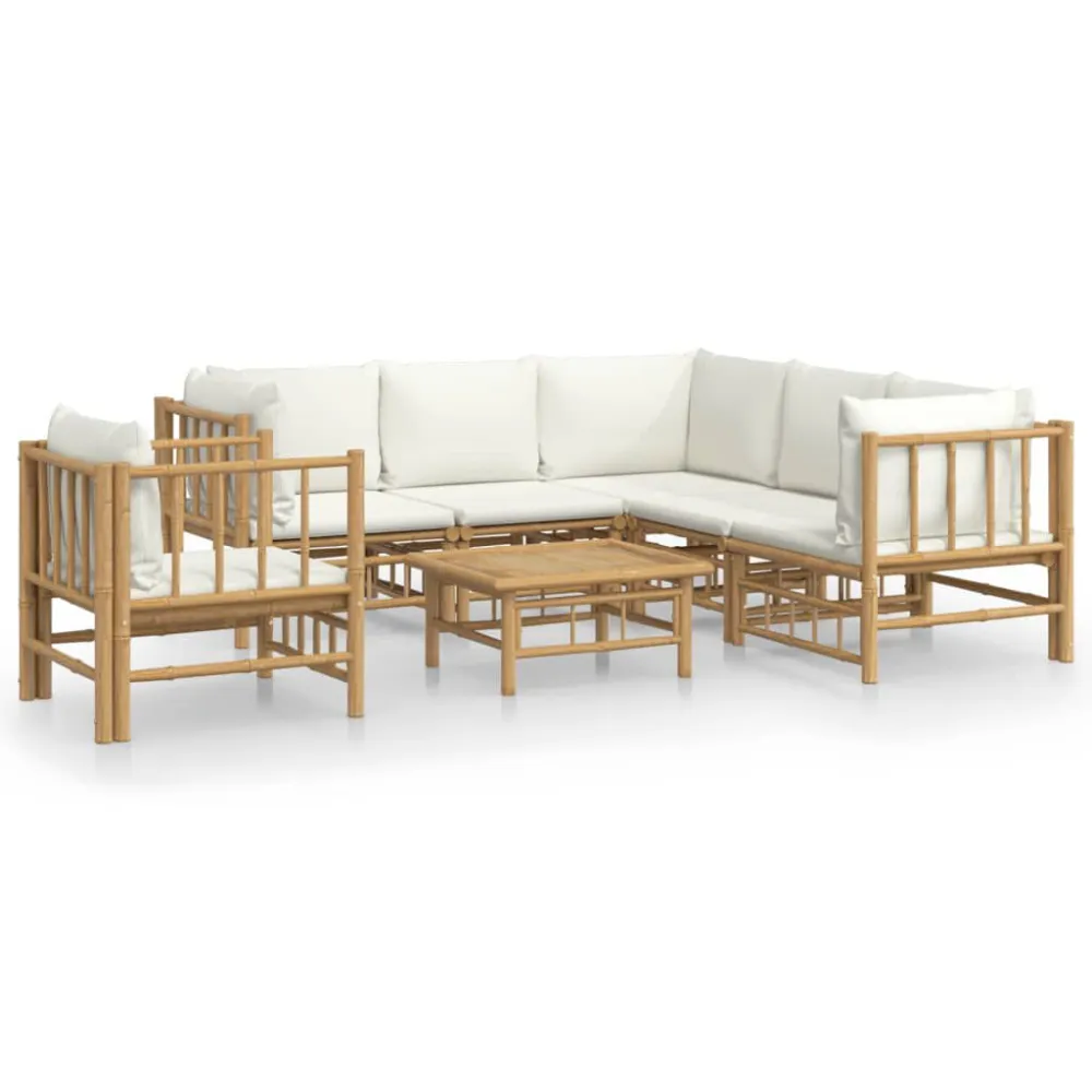 7 pcs conjunto lounge de jardim bambu com almofadões branco nata em Tecido Sunbrella