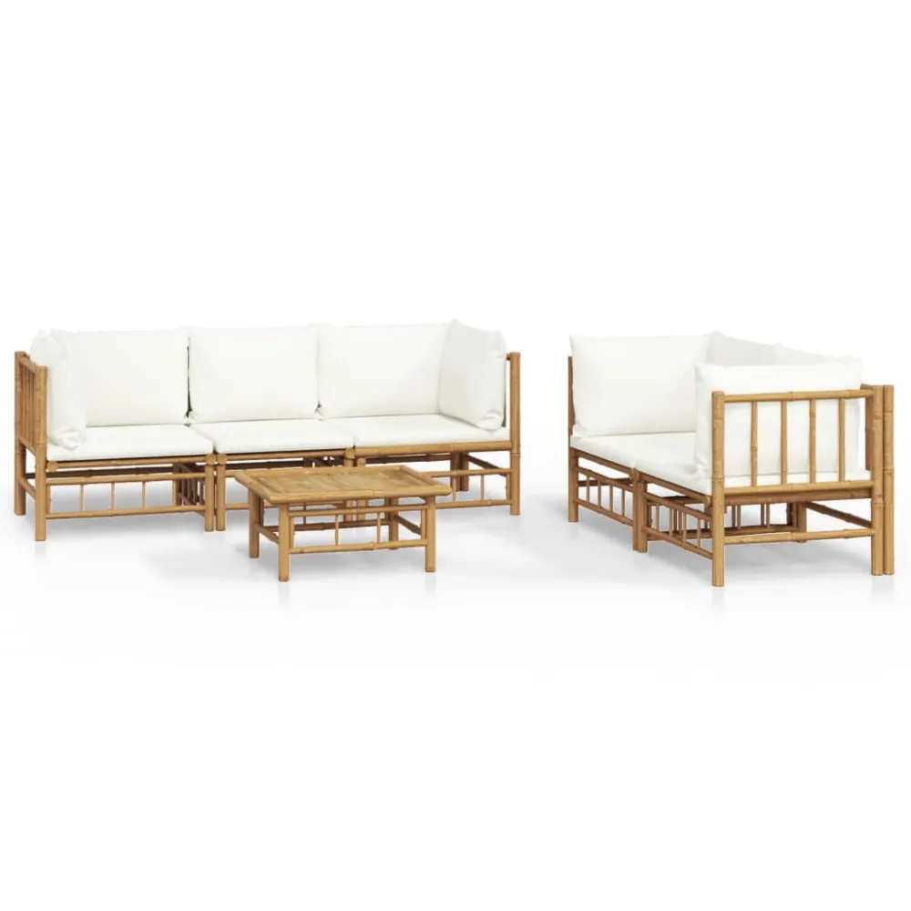6 pcs conjunto lounge de jardim bambu com almofadões branco nata para Piscina e Jardim