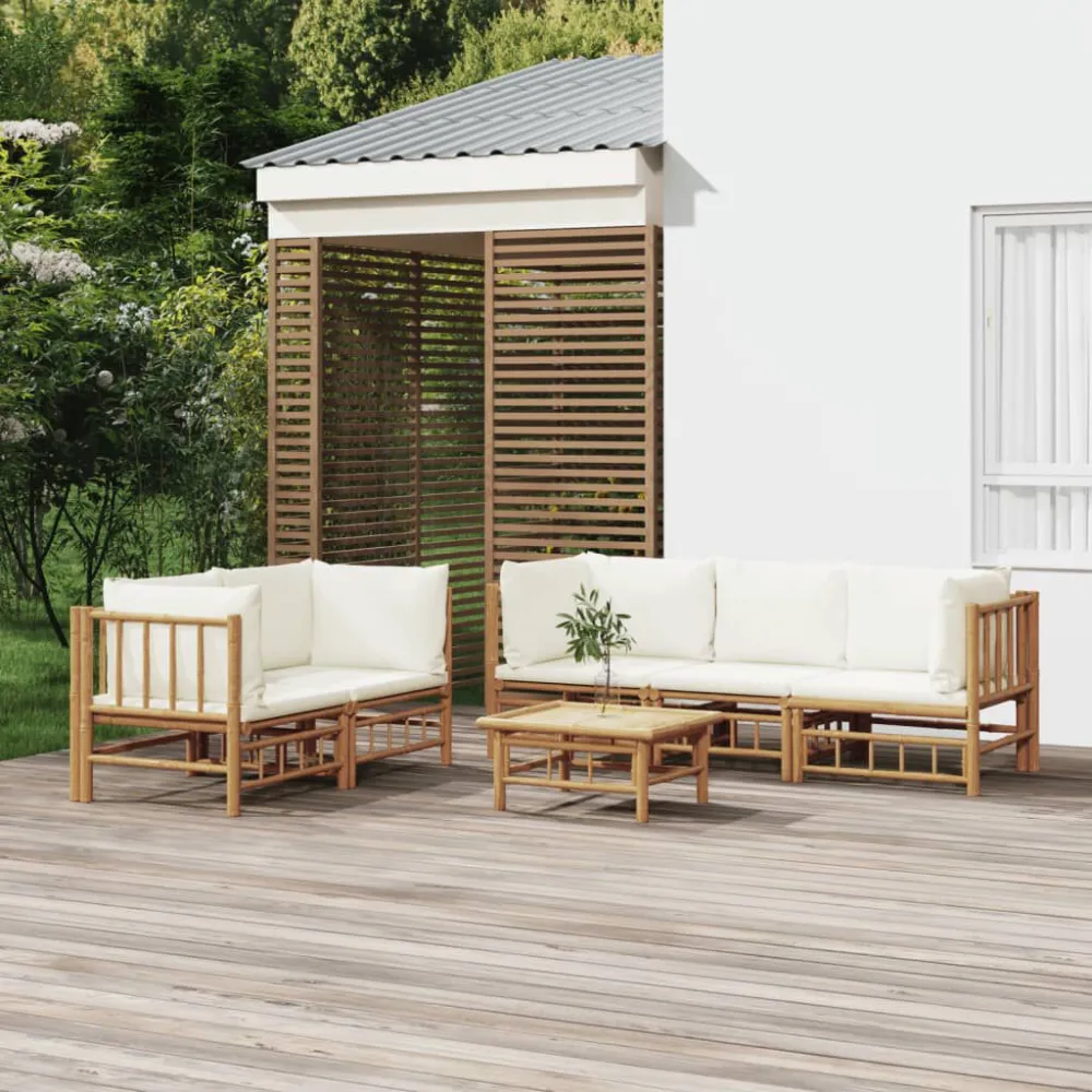 6 pcs conjunto lounge de jardim bambu com almofadões branco nata para Piscina e Jardim
