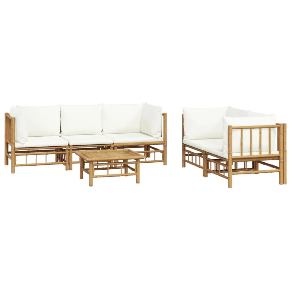 6 pcs conjunto lounge de jardim bambu com almofadões branco nata para Piscina e Jardim