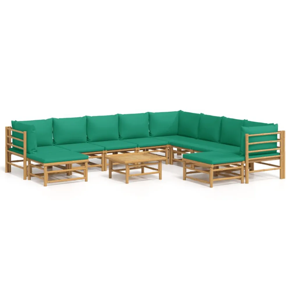 11 pcs conjunto lounge de jardim bambu com almofadões verdes com Estrutura em Alumínio