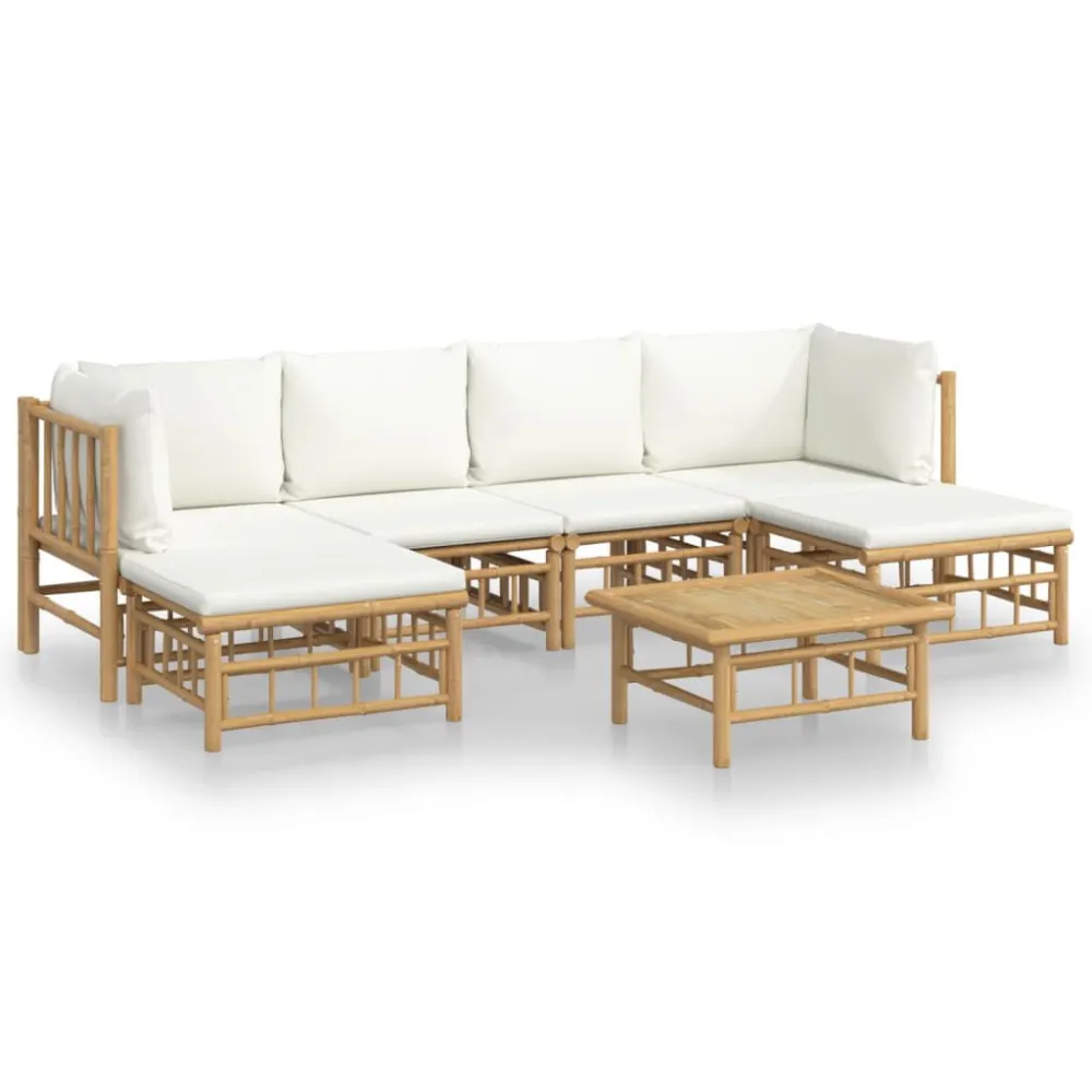 7 pcs conjunto lounge de jardim bambu com almofadões branco nata em Ferro Forjado