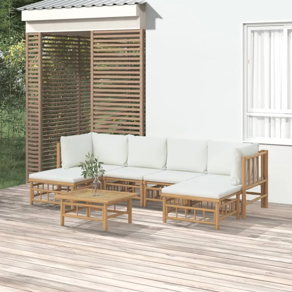 7 pcs conjunto lounge de jardim bambu com almofadões branco nata em Ferro Forjado