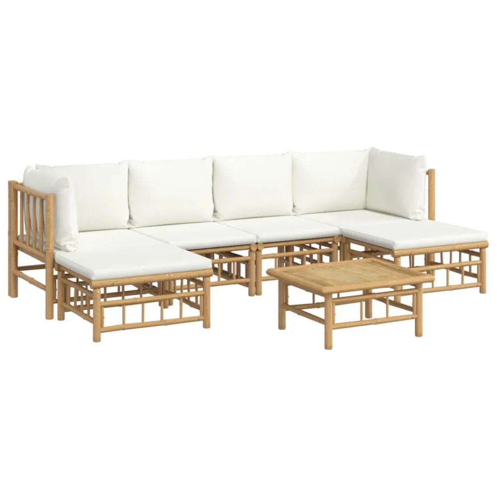 7 pcs conjunto lounge de jardim bambu com almofadões branco nata em Ferro Forjado