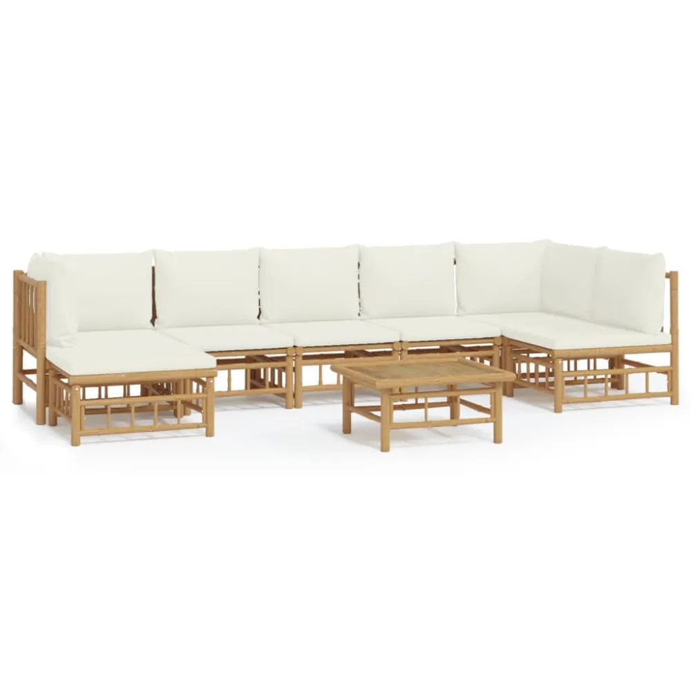 8 pcs conjunto lounge de jardim bambu com almofadões branco nata Fácil de Guardar