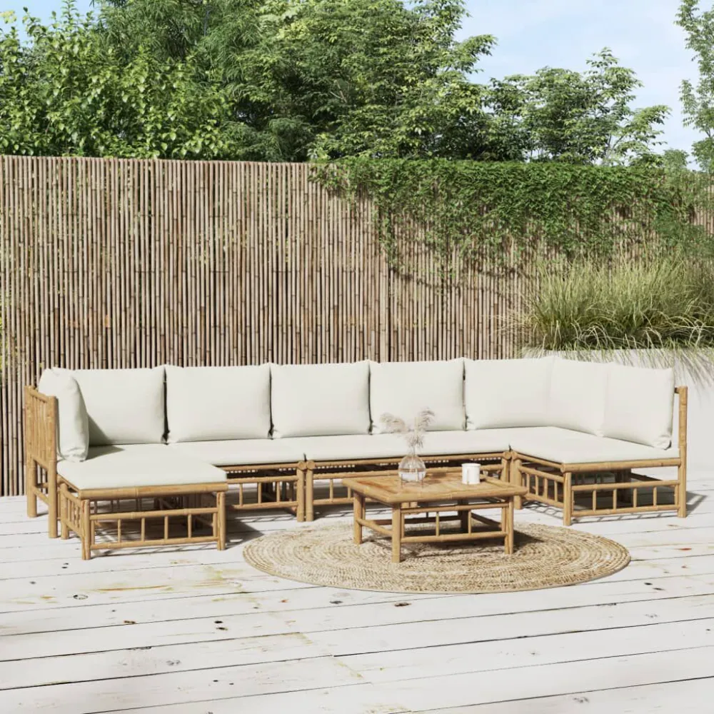 8 pcs conjunto lounge de jardim bambu com almofadões branco nata Fácil de Guardar
