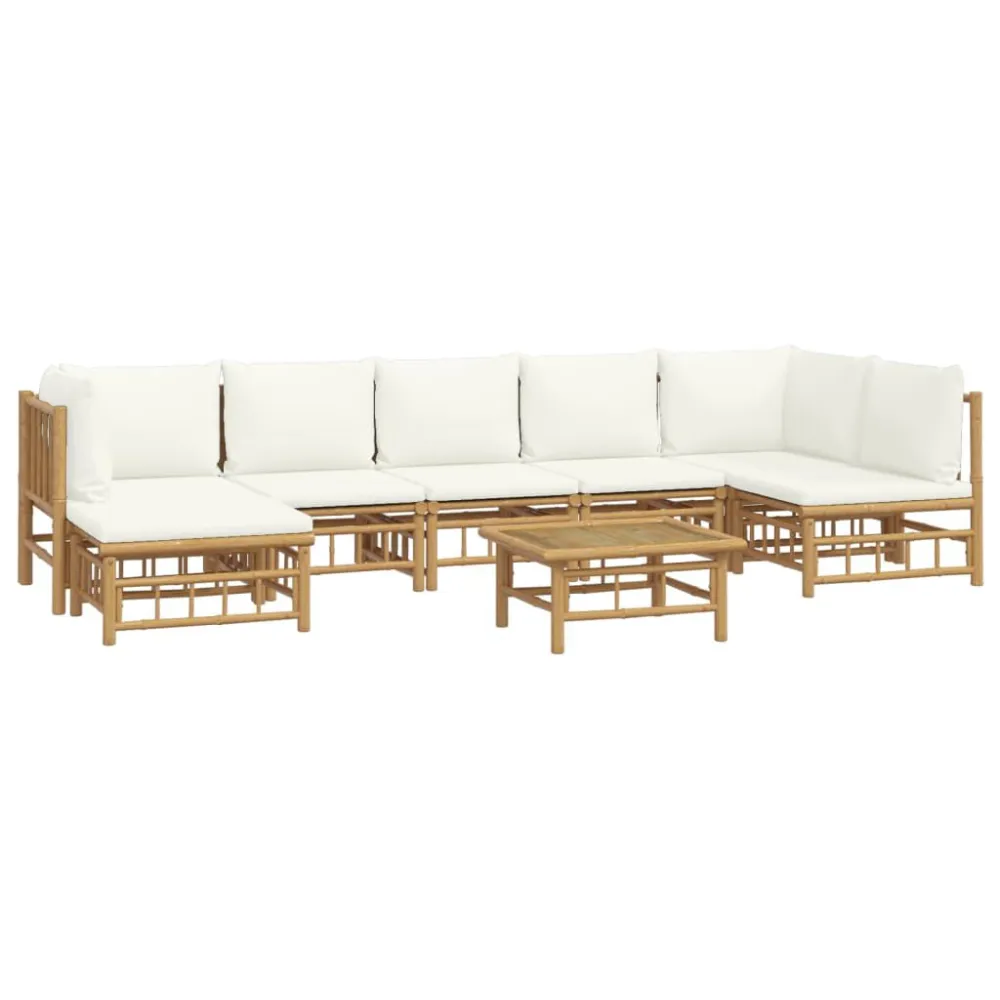 8 pcs conjunto lounge de jardim bambu com almofadões branco nata Fácil de Guardar