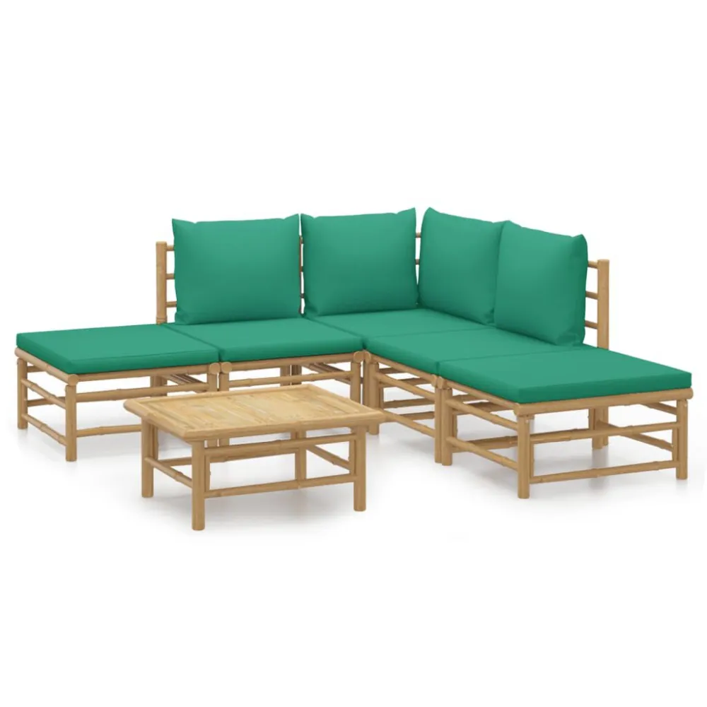 6 pcs conjunto lounge de jardim bambu com almofadões verdes para Piscina e Jardim
