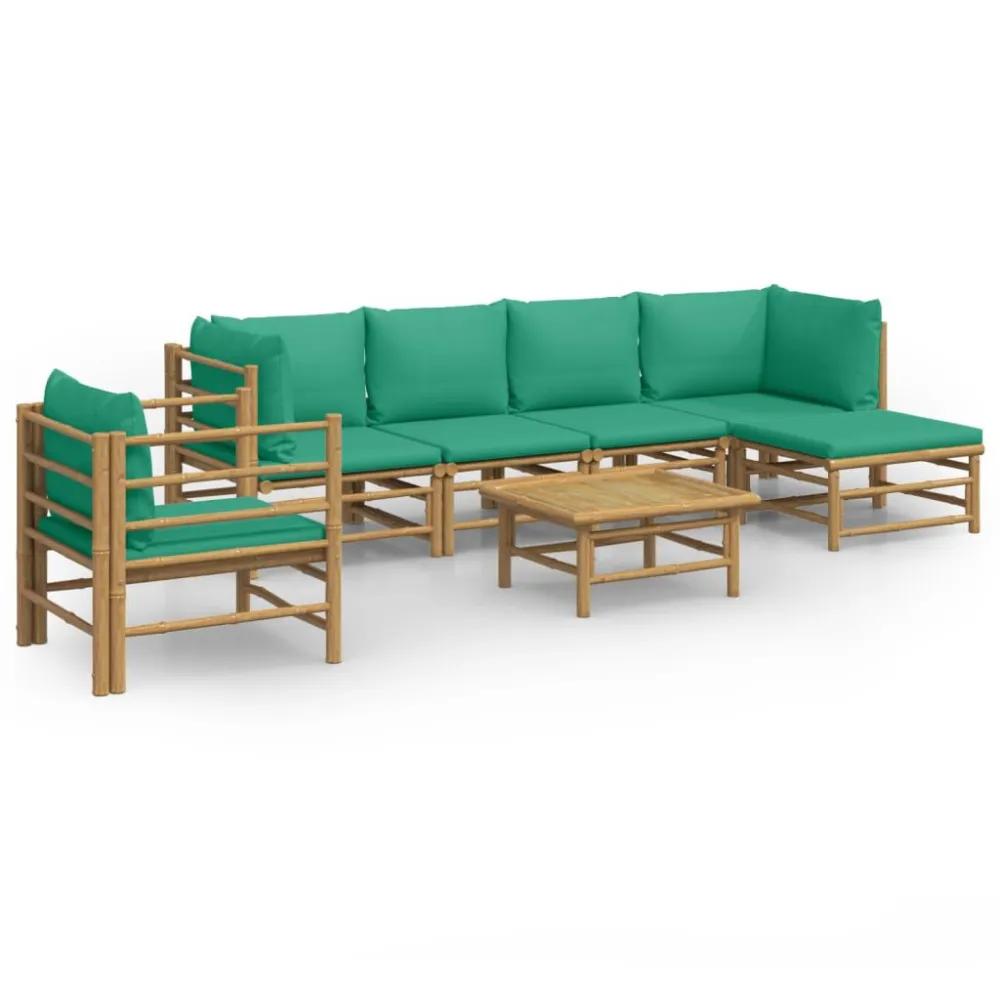 7 pcs conjunto lounge de jardim bambu com almofadões verdes com Estrutura em Alumínio