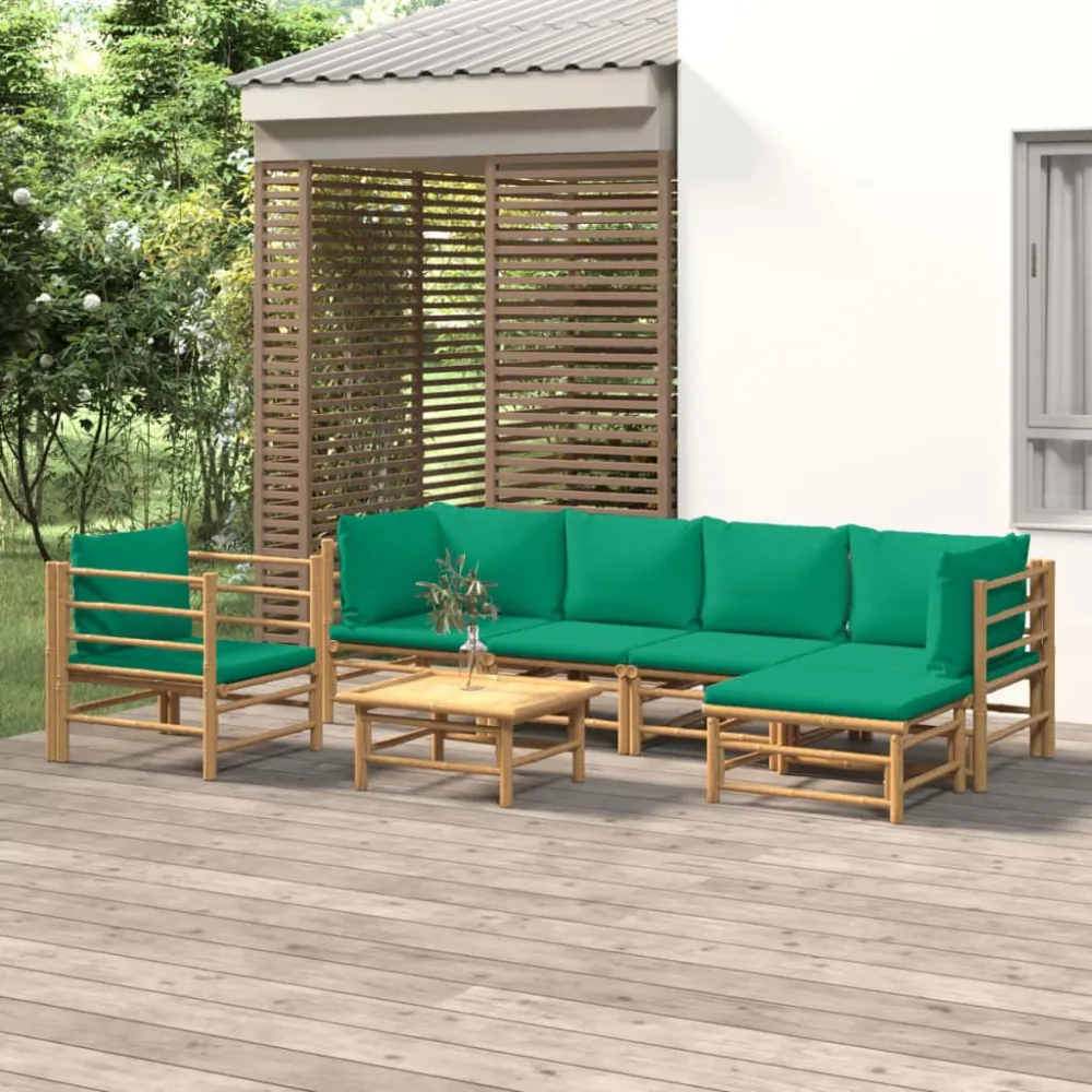 7 pcs conjunto lounge de jardim bambu com almofadões verdes com Estrutura em Alumínio