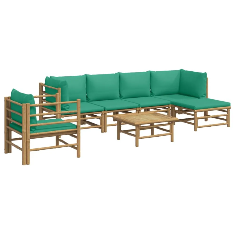 7 pcs conjunto lounge de jardim bambu com almofadões verdes com Estrutura em Alumínio
