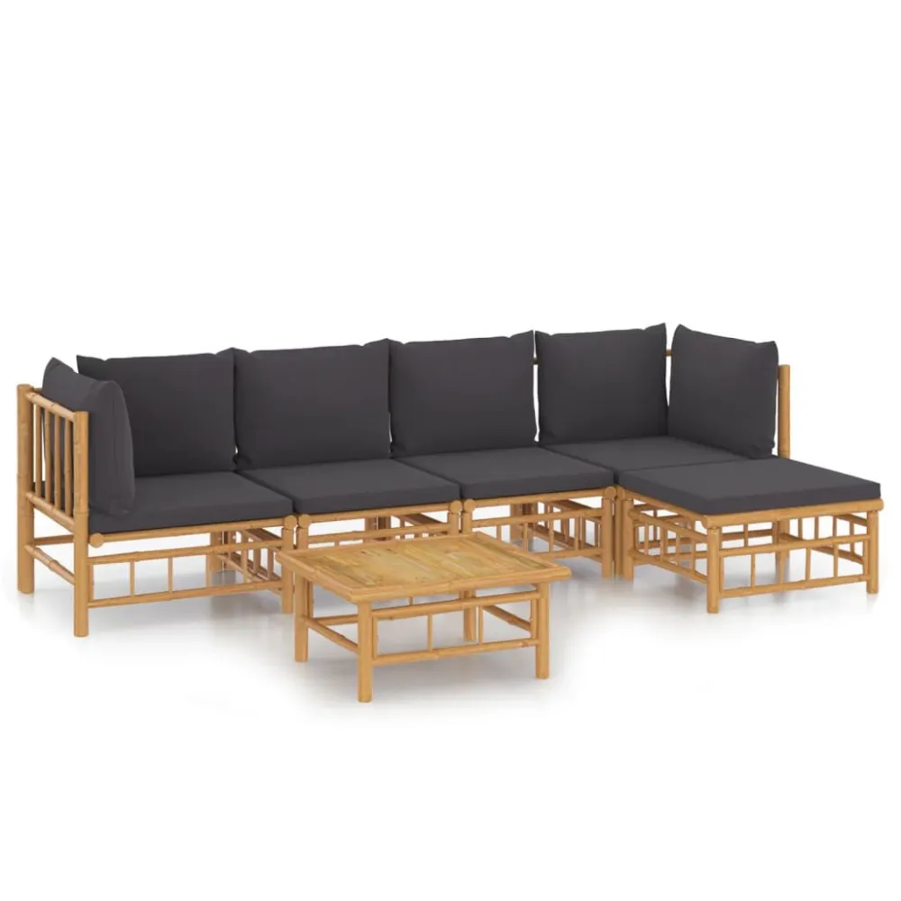 6 pcs conjunto lounge jardim bambu com almofadões cinza-escuro com Almofada Inclusa