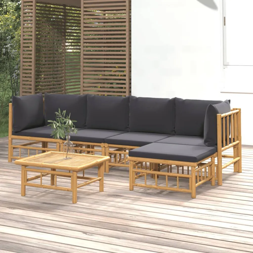 6 pcs conjunto lounge jardim bambu com almofadões cinza-escuro com Almofada Inclusa