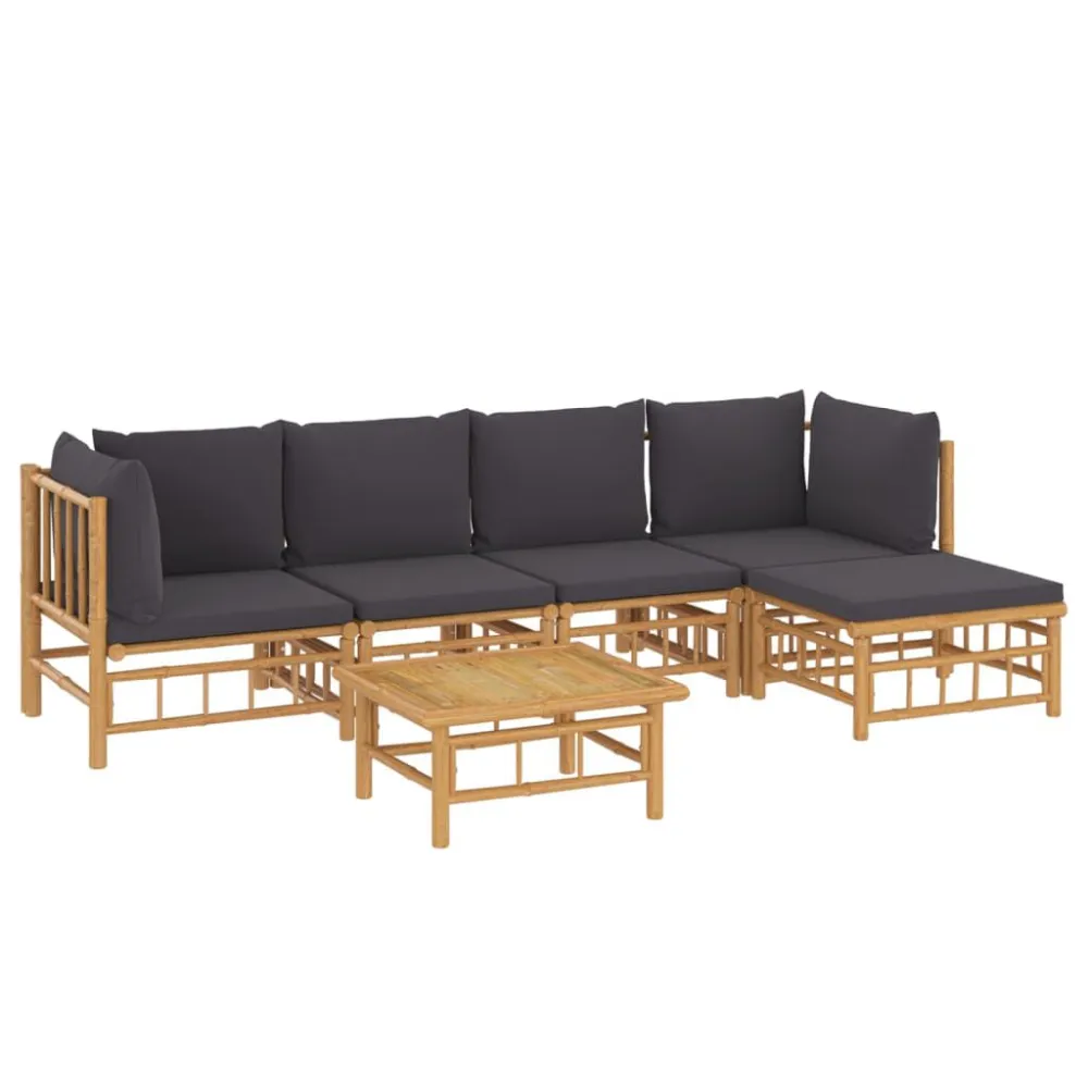 6 pcs conjunto lounge jardim bambu com almofadões cinza-escuro com Almofada Inclusa
