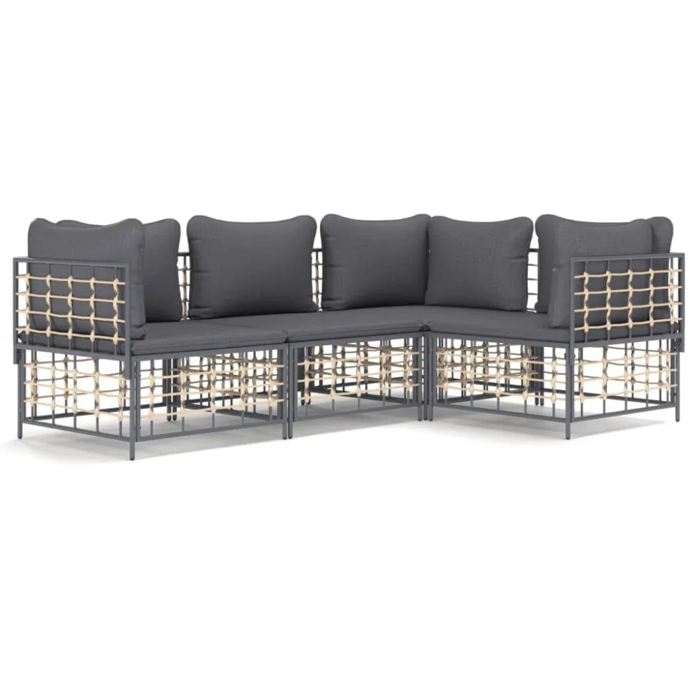4 pcs conjunto lounge de jardim com almofadões vime PE antracite em Ferro Forjado