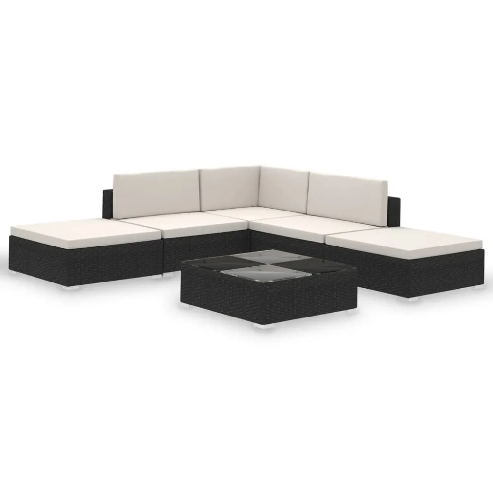 6 pcs conjunto lounge de jardim com almofadões vime PE preto | Resistente à Chuva | Confortável