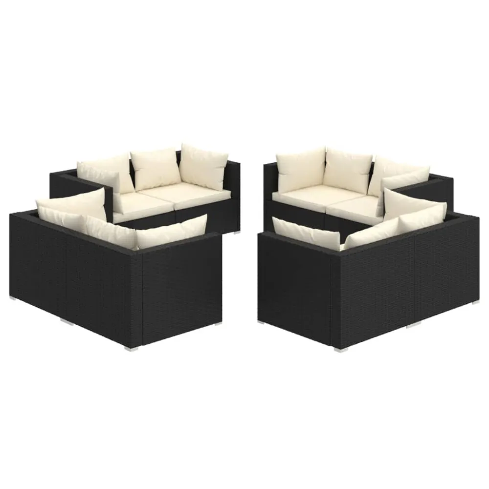 8 pcs conjunto lounge de jardim com almofadões vime PE preto Dobrável e Portátil