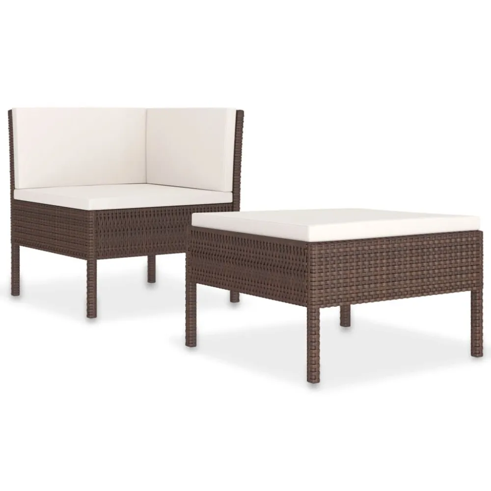 2 pcs conjunto lounge jardim com almofadões vime PE castanho com Encosto Ajustável