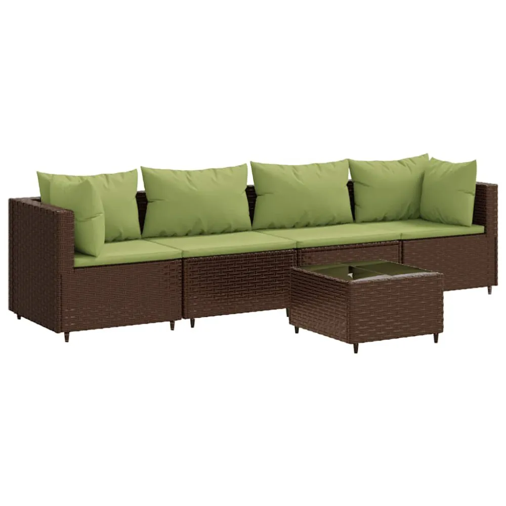 5 pcs conjunto lounge jardim com almofadões vime PE castanho com Almofada Inclusa