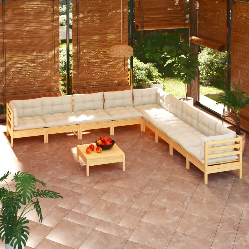 10 pcs conjunto lounge jardim com almofadões creme pinho maciço com Almofada Inclusa