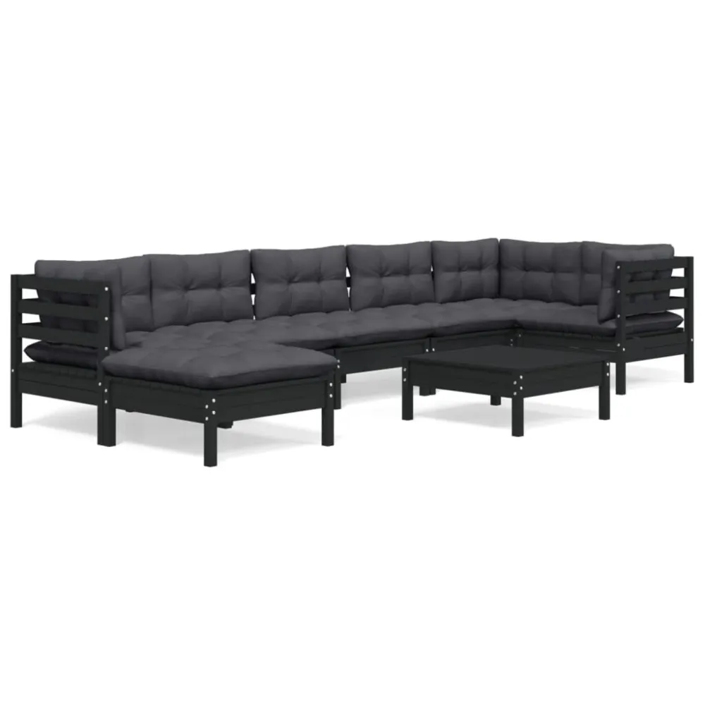 8 pcs conjunto lounge jardim com almofadões pinho maciço preto com Tecido Impermeável UV