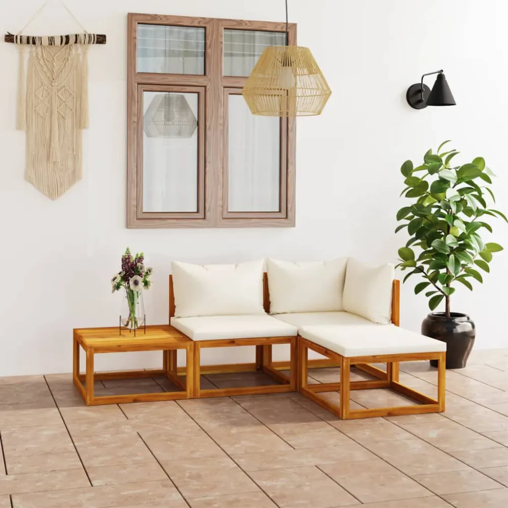 4 pcs conjunto lounge jardim com almofadões acácia maciç creme com Apoio para Bebidas