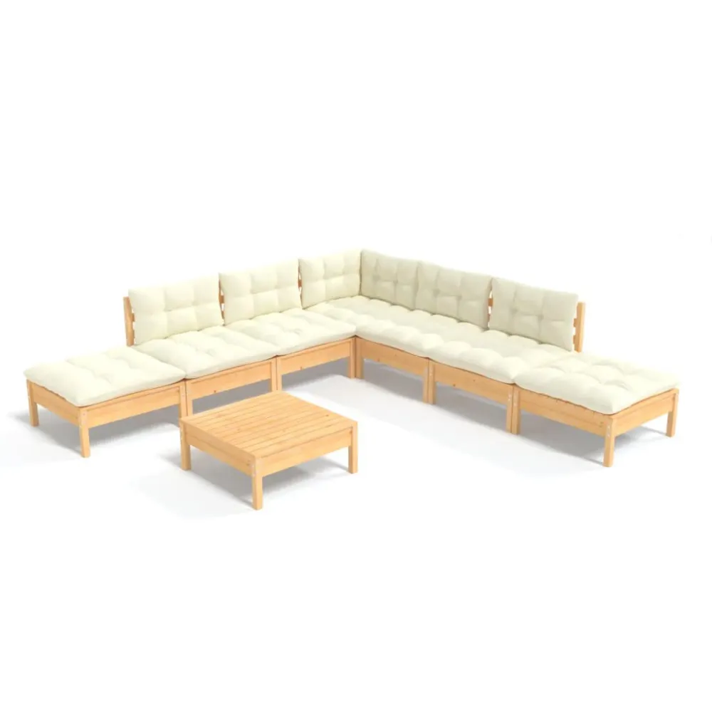 8 pcs conjunto lounge jardim com almofadões cor creme pinho | Montagem Fácil e Rápida