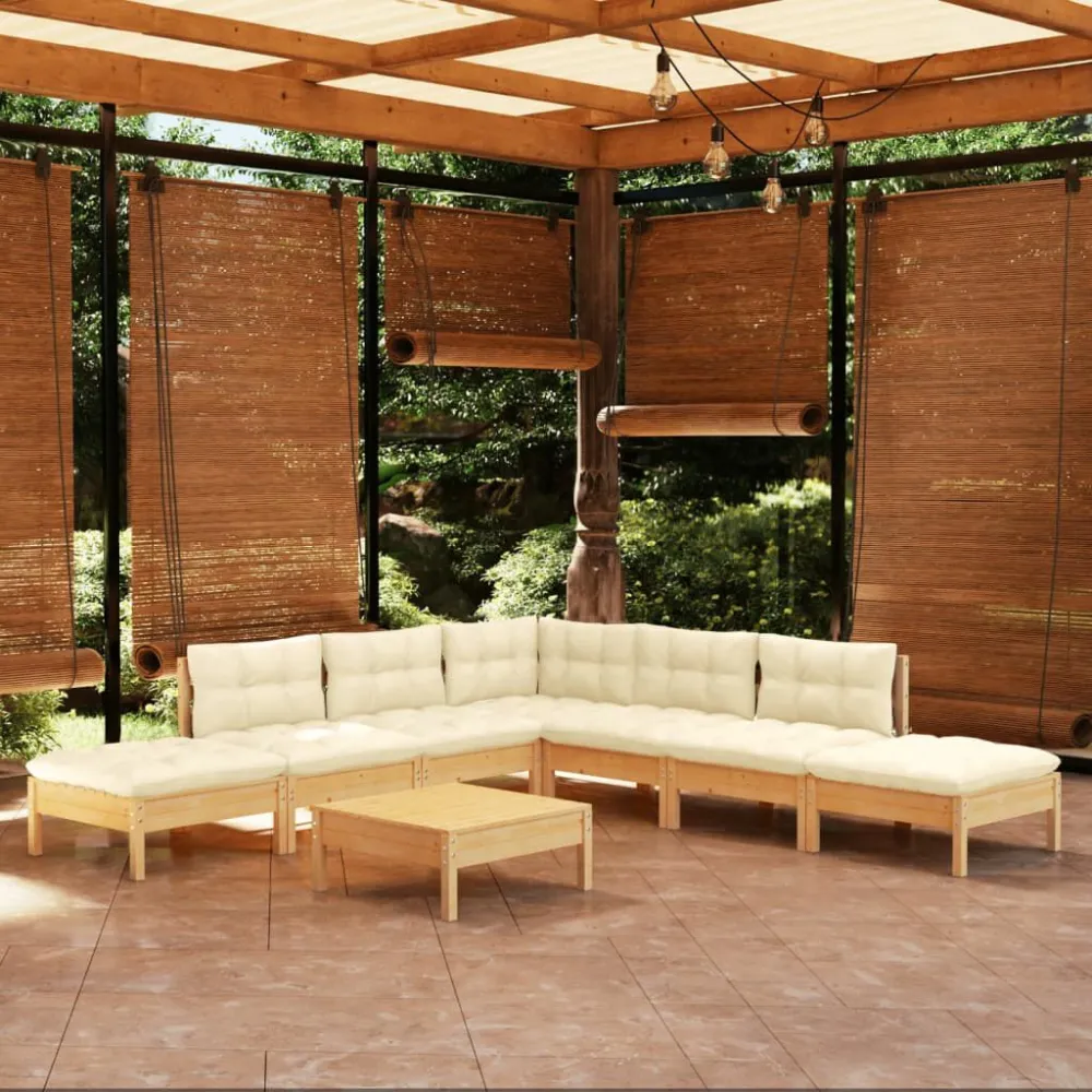 8 pcs conjunto lounge jardim com almofadões cor creme pinho | Montagem Fácil e Rápida