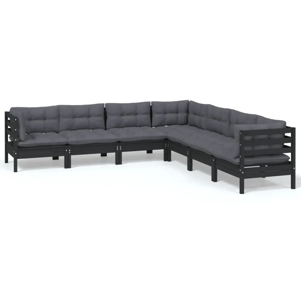 7 pcs conjunto lounge jardim com almofadões pinho maciço preto em Tecido Sunbrella