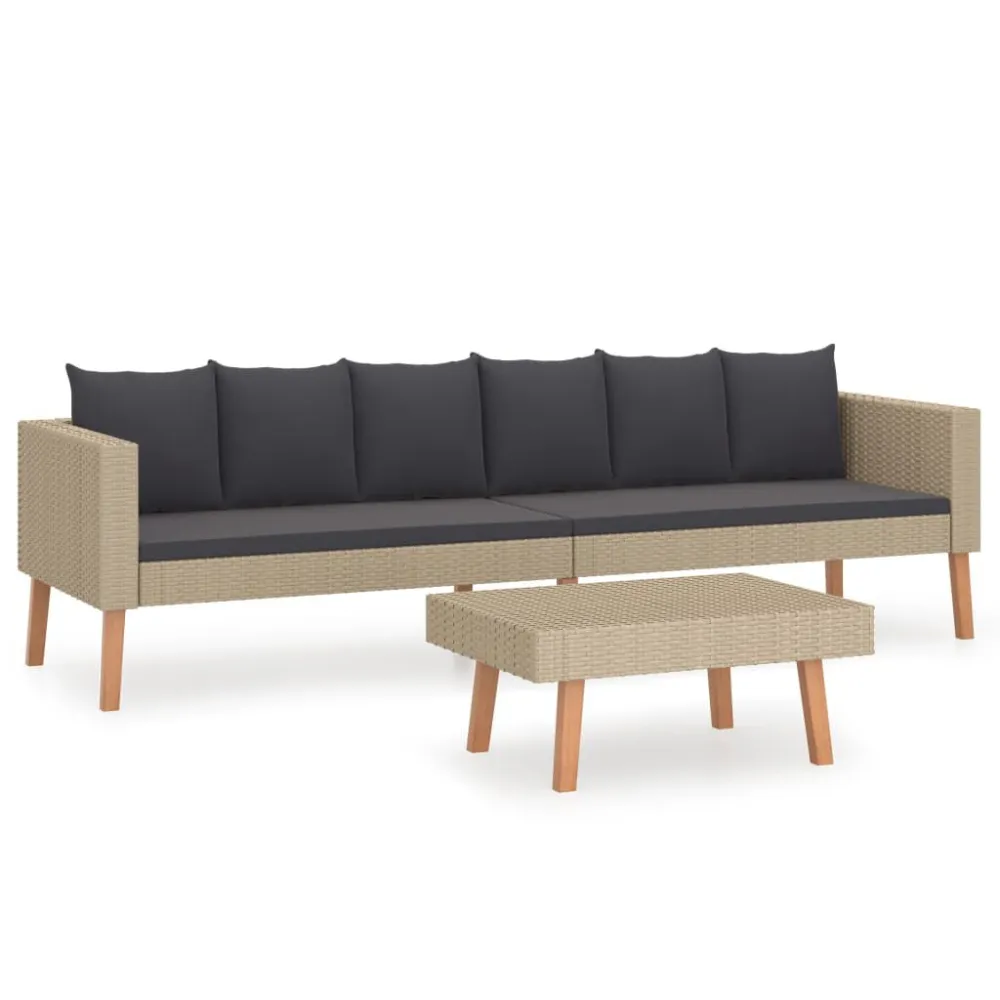 2 pcs conjunto lounge de jardim com almofadões vime PE bege para Piscina e Jardim