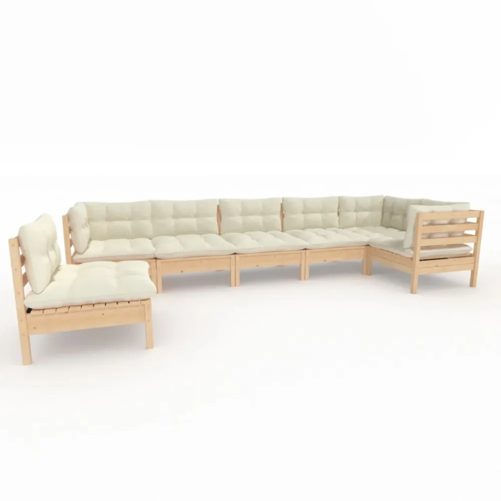 7 pcs conjunto lounge de jardim com almofadões cor creme pinho para Piscina e Jardim