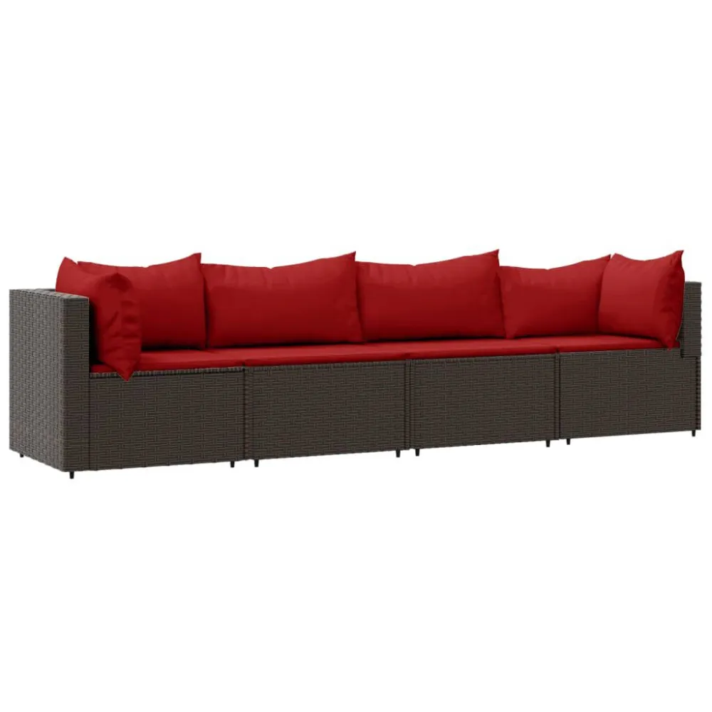 4 pcs conjunto lounge jardim com almofadões vime PE castanho | Resistente à Chuva | Confortável