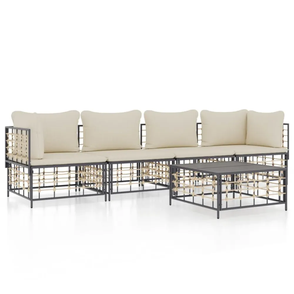 5 pcs conjunto lounge de jardim com almofadões vime PE antracite com Apoio para Bebidas