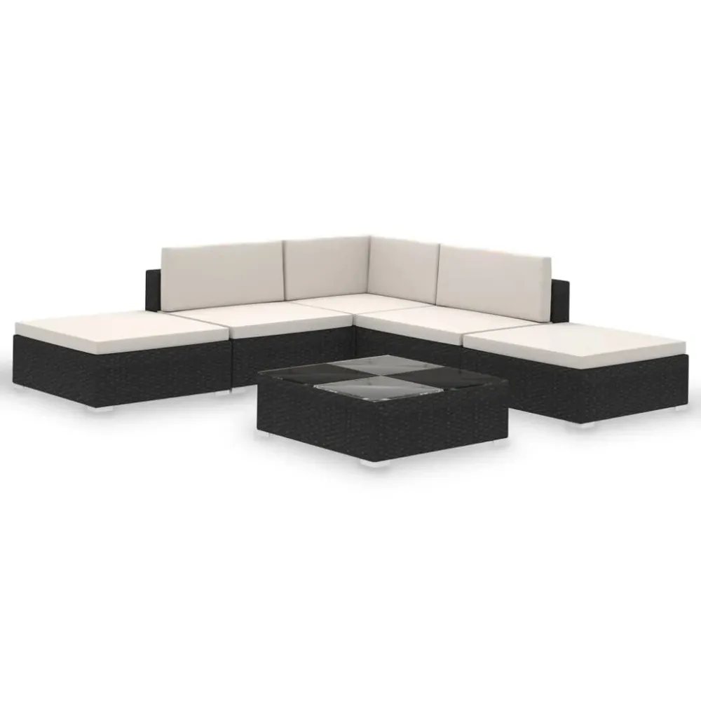 6 pcs conjunto lounge de jardim com almofadões vime PE preto | Resistente à Chuva | Confortável