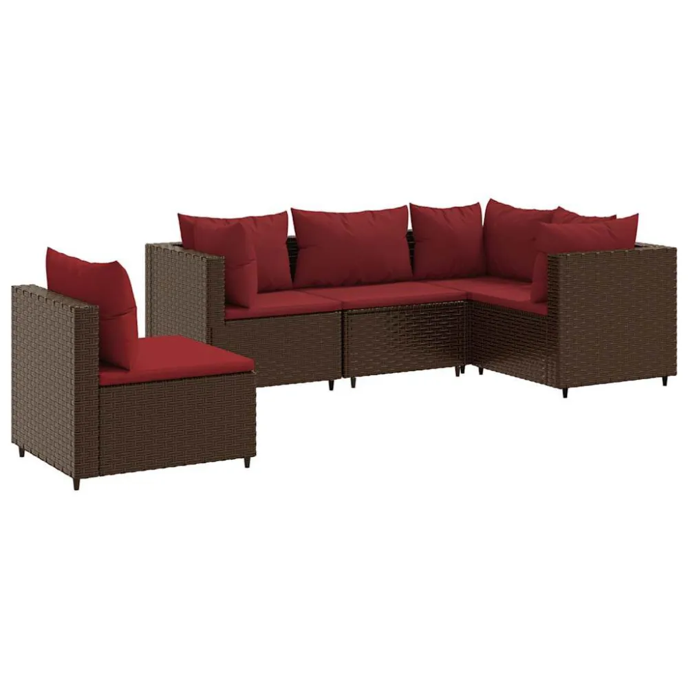 5 pcs conjunto lounge jardim com almofadões vime PE castanho com Apoio para Bebidas